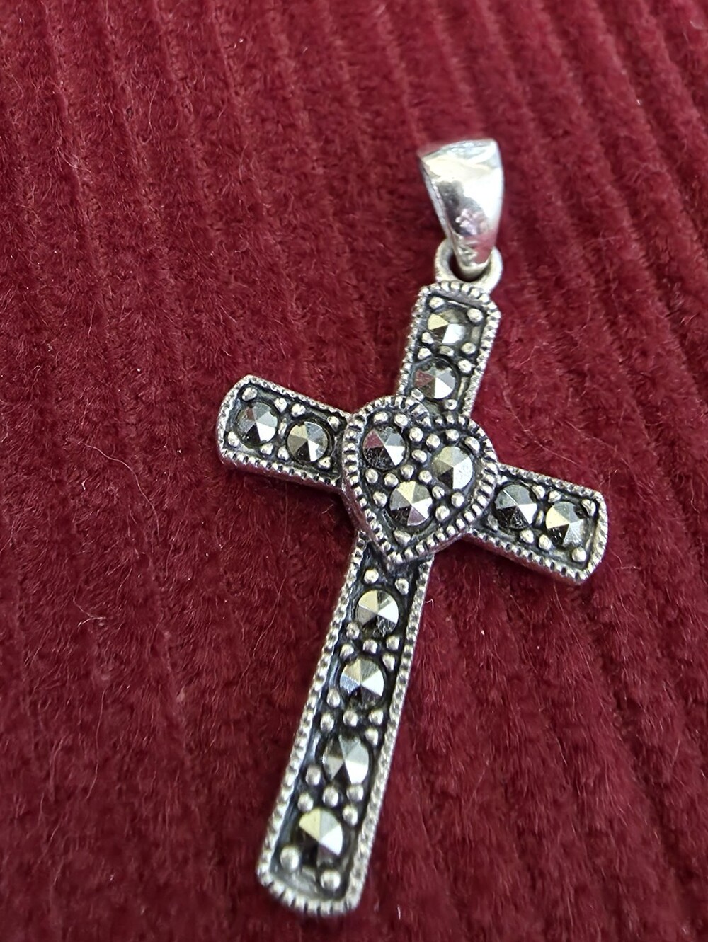 Sterling Silver Marcasite Cross Pendant in Black and Silver - Marked 925